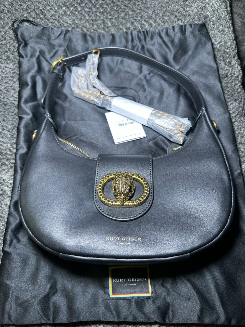 Kurt Geiger Black Leather Hobo Shoulder Bag with Gold-tone Clasp & Duster Bag